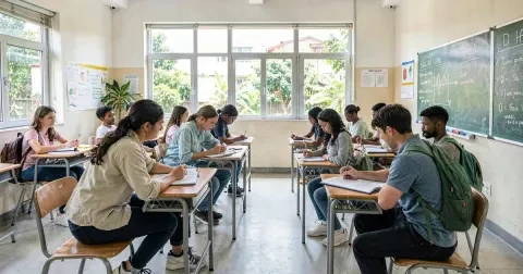 Estudante comemorando a conquista de uma bolsa de estudos internacional, segurando um diploma e uma bandeira de outro país.