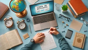Estudante escrevendo uma carta de motivação com cadernos, canetas e um laptop em uma mesa.