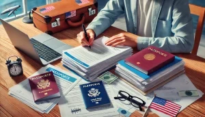 Estudante reunindo documentação necessária com papéis, certificados, passaporte e um laptop em uma mesa.