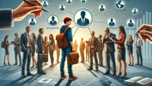 Estudante aproveitando oportunidades de networking com um grupo de estudantes e profissionais em um evento acadêmico.