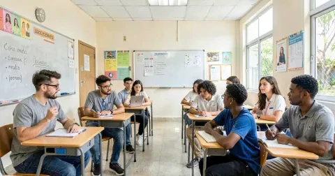 Estudante escolhendo o curso superior ideal com livros, laptop e anotações em uma mesa.
