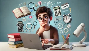 Estudante pesquisando sobre cursos com laptop, cadernos e livros.