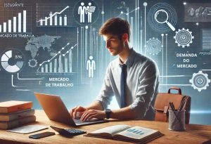 Estudante considerando a demanda profissional com laptop, gráficos de mercado de trabalho e listas de profissões em alta.