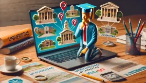 Estudante avaliando instituições de ensino com laptop e brochuras de universidades.