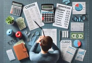 Estudante ponderando sobre custos e benefícios com calculadora, gráficos de orçamento e listas de prós e contras.