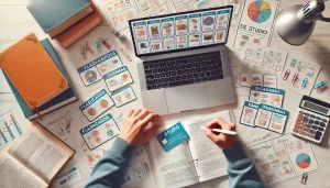 Estudante usando flashcards e diagramas para estudar.