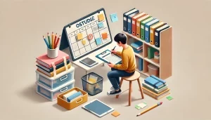 Estudante organizando pastas, cadernos e livros.