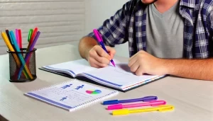 Estudante fazendo anotações com canetas coloridas e diagramas.