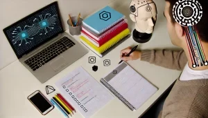 Estudante se preparando para um curso de Inteligência Artificial, com materiais de estudo, cadernos, laptop e listas de verificação.
