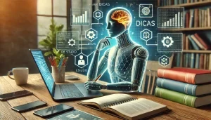 Estudante seguindo dicas para ter sucesso em um curso de Inteligência Artificial, com materiais de estudo, um laptop e gráficos de desempenho.