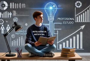 Estudante pesquisando os benefícios de estudar Inteligência Artificial, com gráficos de crescimento de carreira, satisfação profissional e inovação tecnológica.