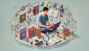 Estudante explorando diferentes tipos de cursos de Inteligência Artificial, com materiais variados como livros, laptops, e gráficos sobre aprendizado de máquina, redes neurais e processamento de linguagem natural.