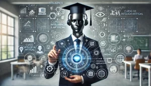 Estudante destacando os benefícios de um curso de Inteligência Artificial, com gráficos de carreira, inovação e tecnologia ao fundo.