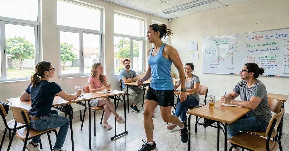 Grupo de estudantes praticando atividades físicas em ambiente universitário, representando o curso de Educação Física.