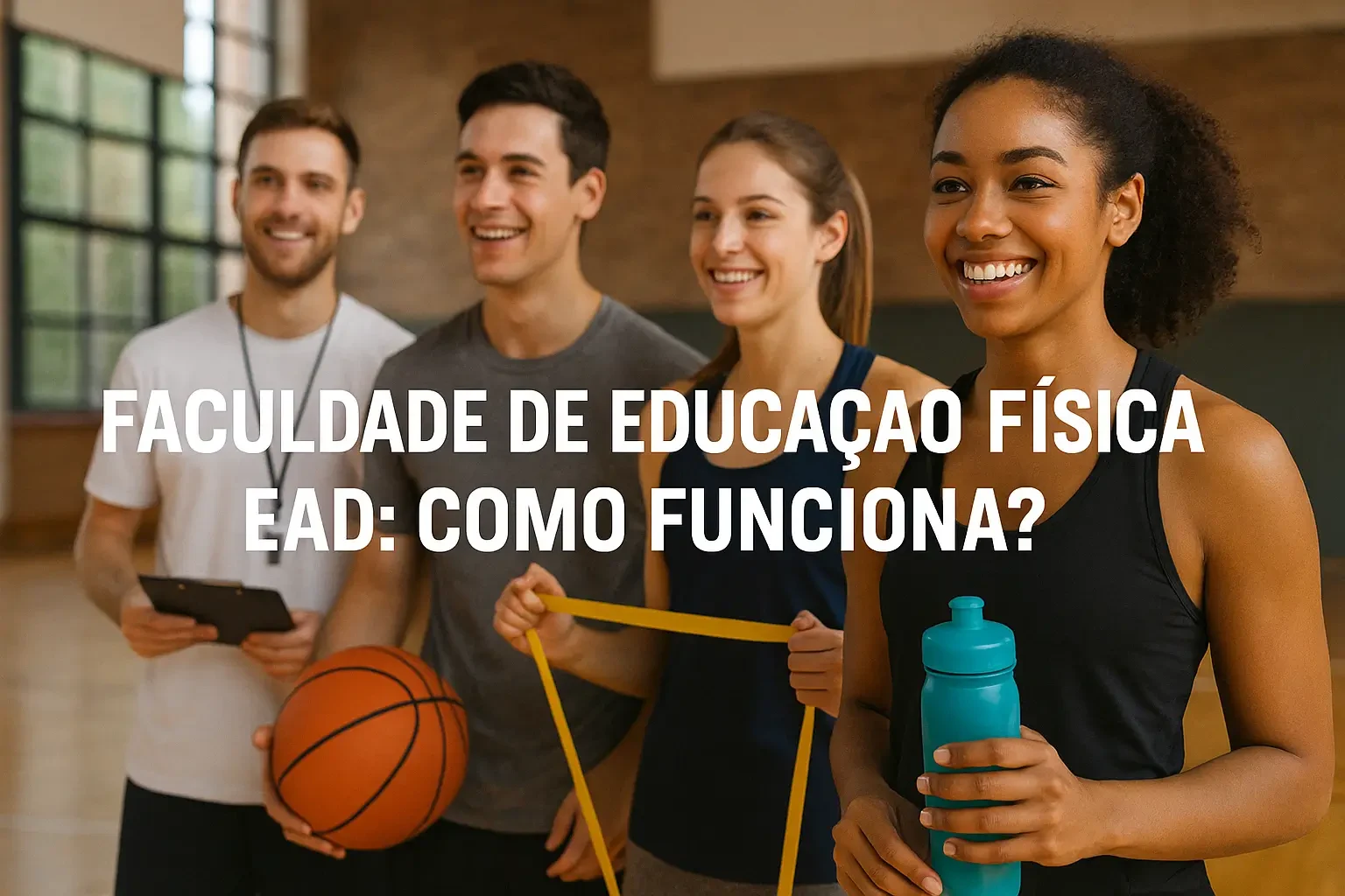 Quatro estudantes sorridentes em uma academia, segurando equipamentos esportivos como bola de basquete, faixa elástica e garrafa de água, representando o curso de Educação Física EAD.