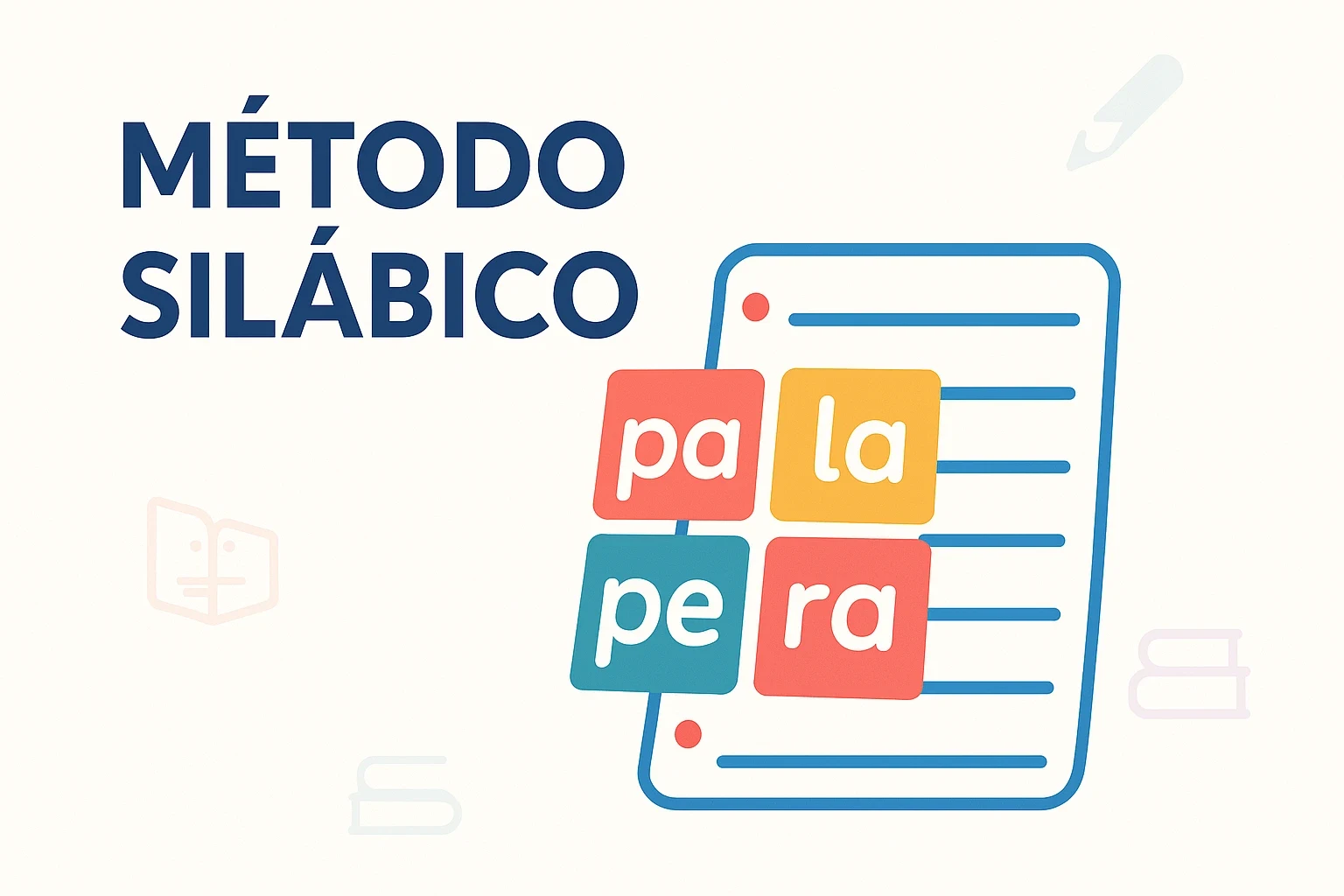Ilustração digital educativa representando o Método Silábico. A imagem mostra uma criança organizando blocos com sílabas, formando palavras simples como “PA”, “PE”, “PI”. Ao fundo, há quadros com sílabas e uma lousa.