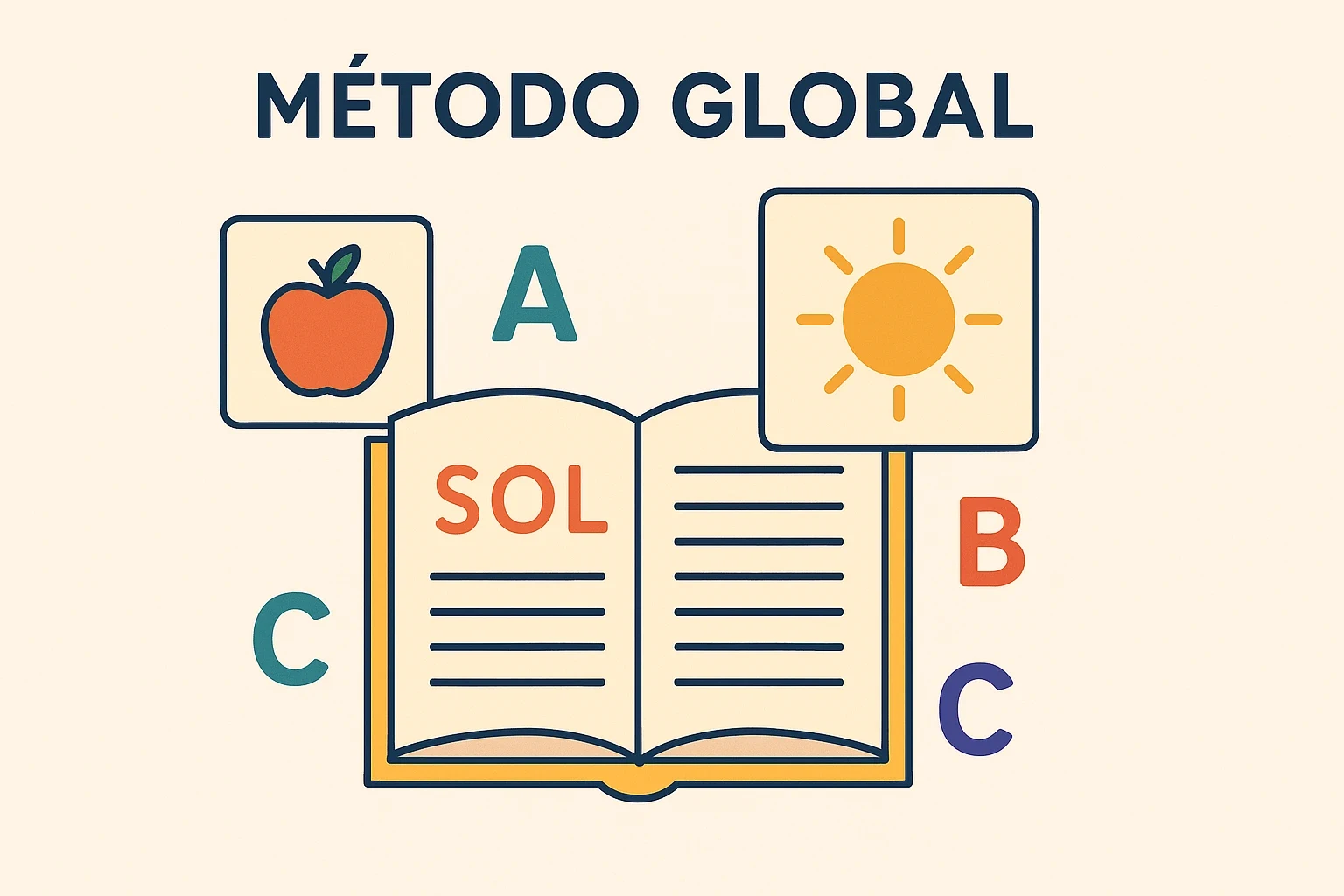 Ilustração digital em estilo plano representando o Método Global de alfabetização.