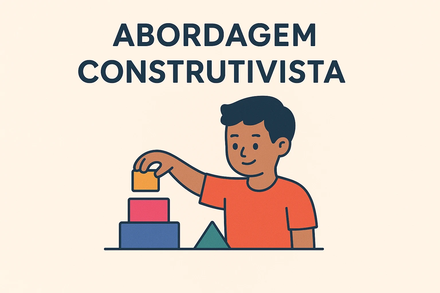 lustração digital colorida representando a Abordagem Construtivista na alfabetização. Mostra uma criança interagindo com letras móveis em uma mesa, enquanto outra aponta para palavras escritas em um mural, em um ambiente escolar colaborativo.