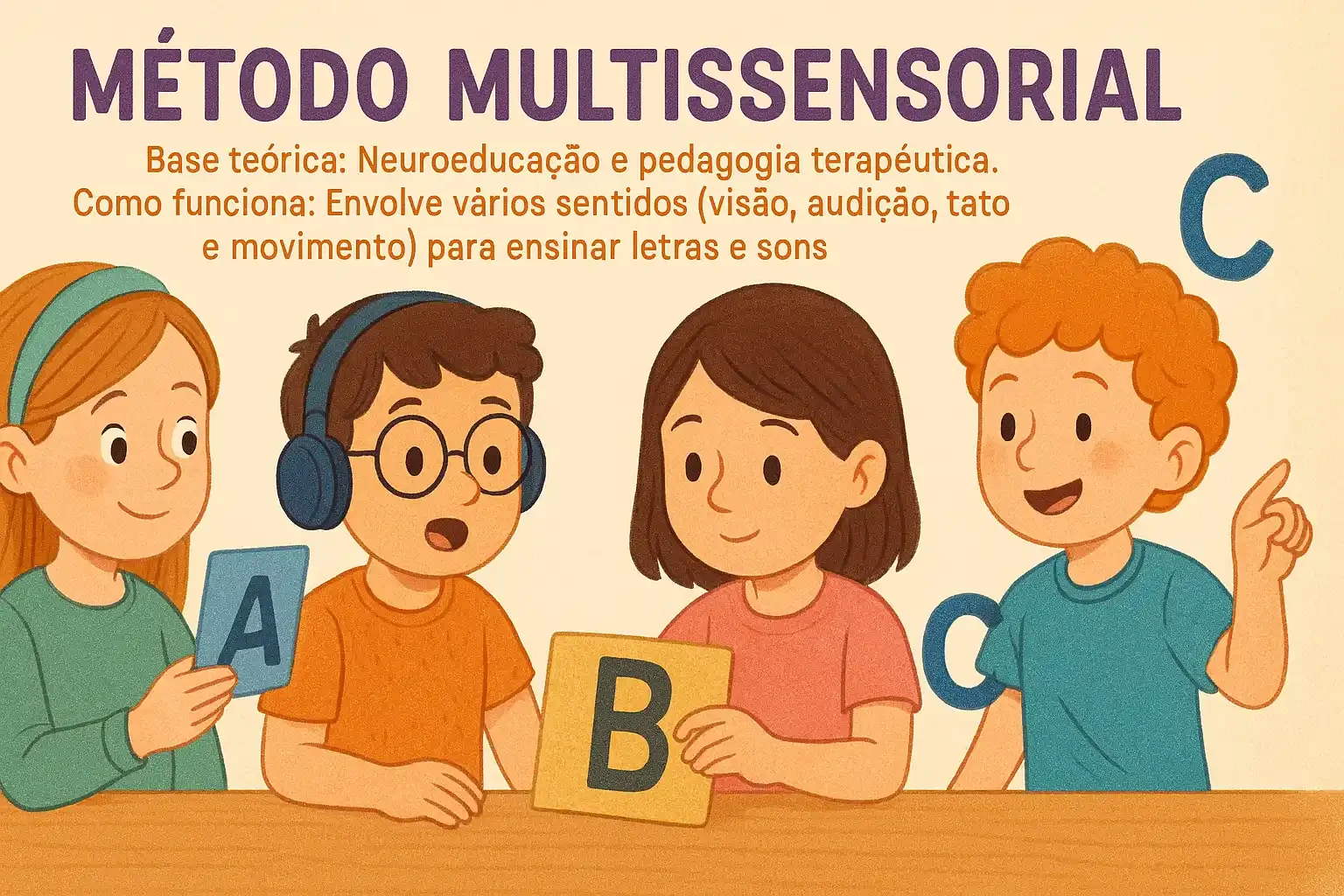 Ilustração educativa de crianças usando o método multissensorial para aprender letras, envolvendo visão, audição, tato e movimento.