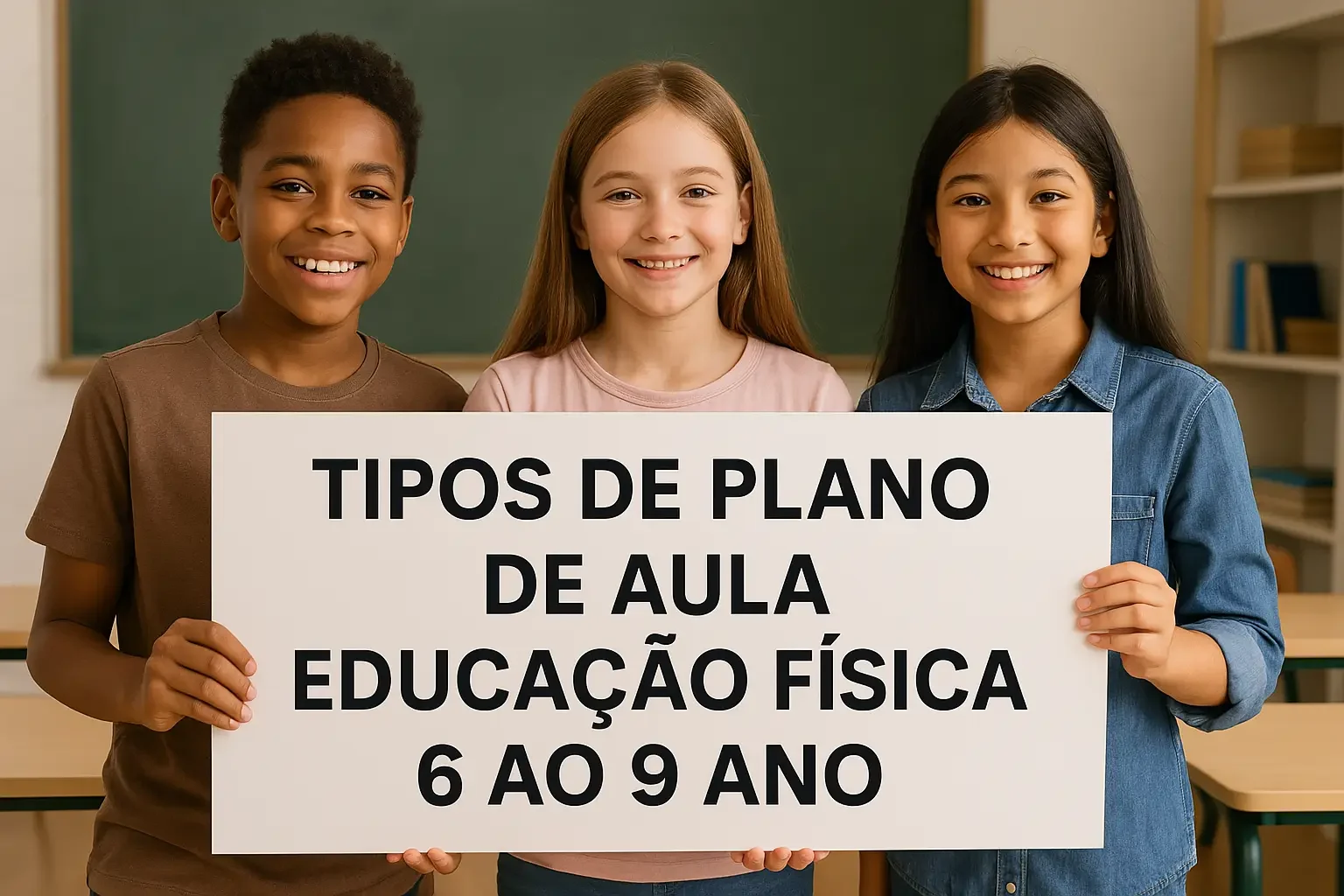 Três crianças sorridentes em sala de aula seguram um cartaz com os dizeres "TIPOS DE PLANO DE AULA EDUCAÇÃO FÍSICA 6 AO 9 ANO