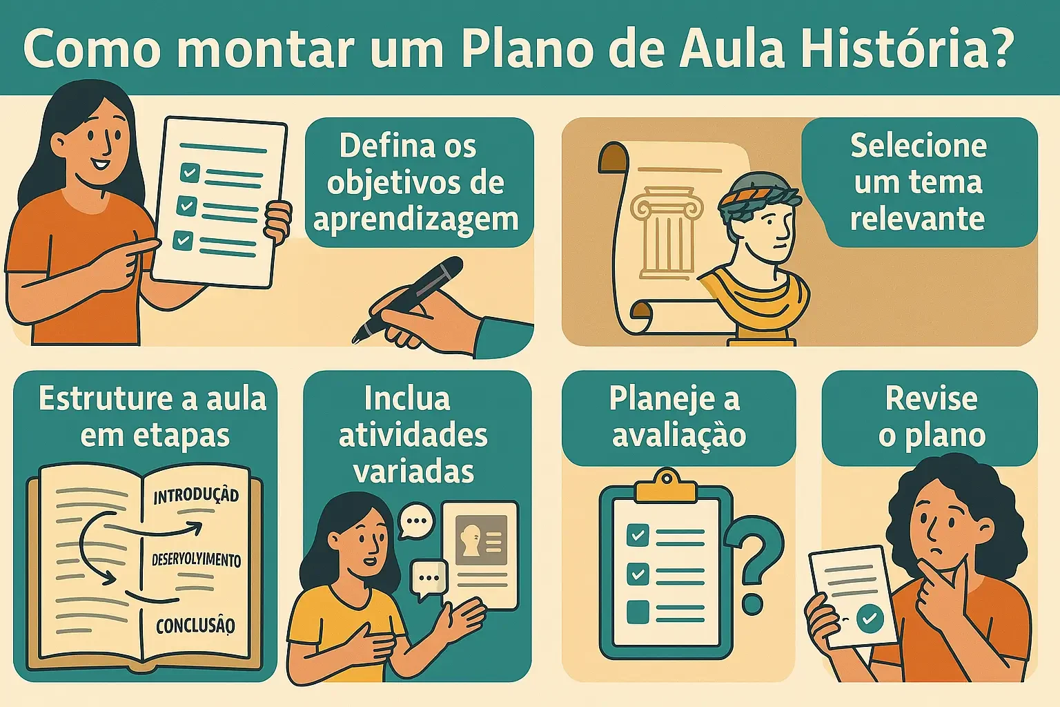 Infográfico ilustrado mostrando etapas para montar um plano de aula de História no Ensino Médio, com ícones e personagens representando cada fase do processo.