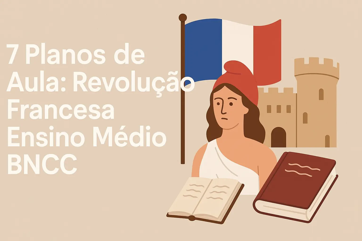 Ilustração digital horizontal mostrando elementos simbólicos da Revolução Francesa, como a guilhotina, a bandeira tricolor da França e figuras representando o Terceiro Estado, com destaque para livros e materiais escolares ao fundo, representando planos de aula para o Ensino Médio alinhados à BNCC.
