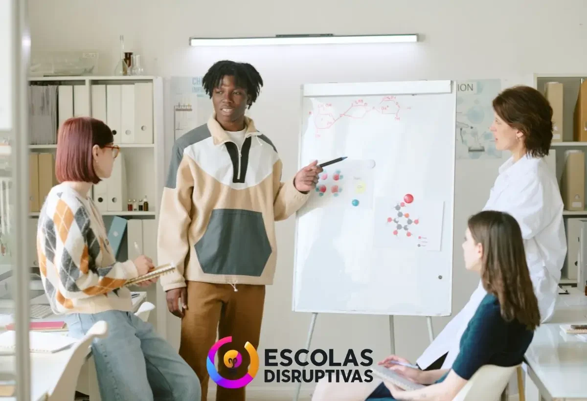 Imagem ilustrativa com o título “7 sugestões de Planos de Aula Grátis para Escolas Disruptivas”, mostrando professores e estudantes em um ambiente inovador de aprendizagem com tecnologia e colaboração.