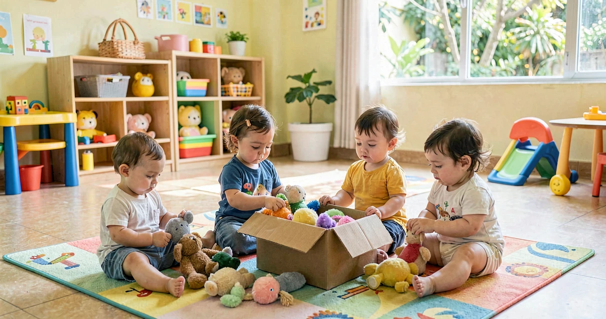 plano de aula caixa misteriosa: bebês da creche explorando objetos retirados de uma caixa