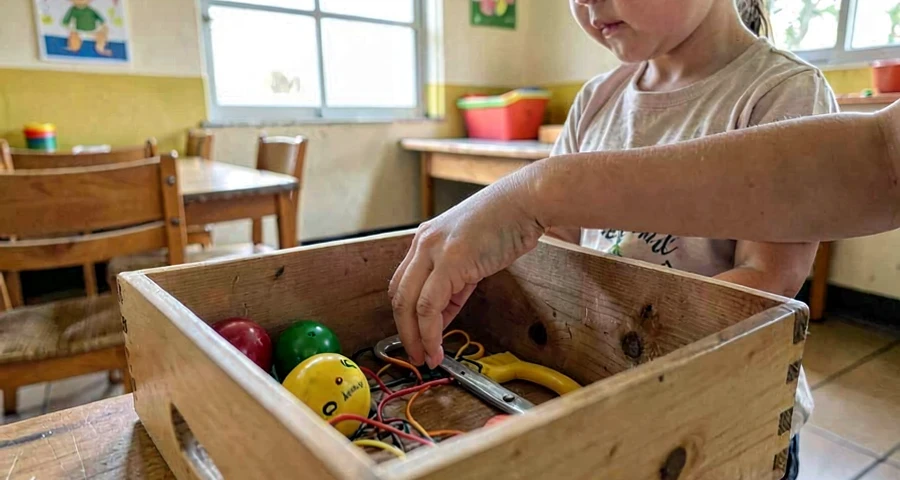 mão de bebê explorando o interior de caixa com objetos na creche