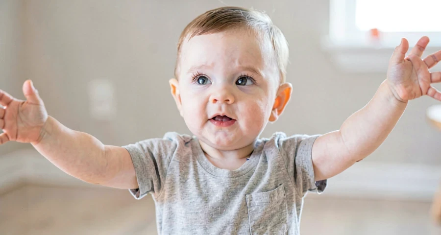 bebê com braços abertos durante atividade de movimento imaginativo na creche