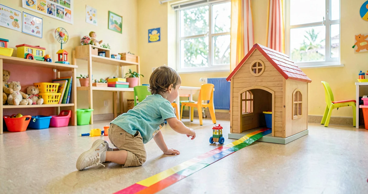 plano de aula caminho até a casinha: criança da creche seguindo caminho colorido até casinha de brinquedo