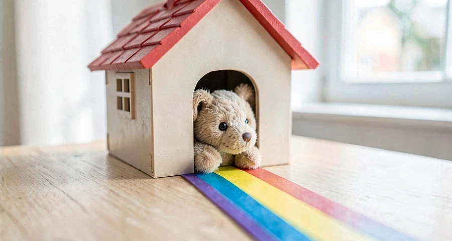 casinha de brinquedo usada como destino em atividade de trajetória na creche