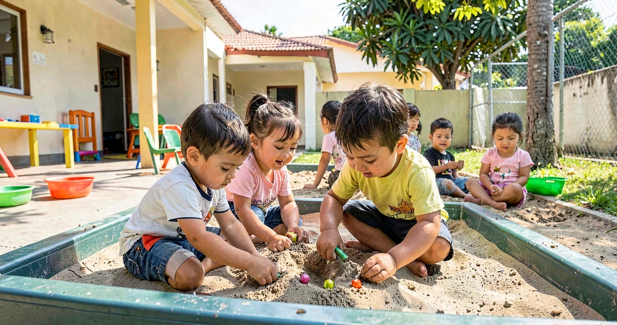 plano de aula objetos escondidos na areia: crianças da creche procurando objetos na caixa de areia