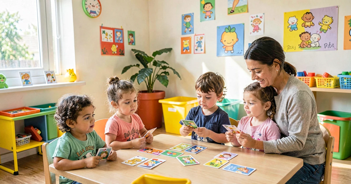 plano de aula adivinhando sentimentos: crianças da creche observando cartões de emoções