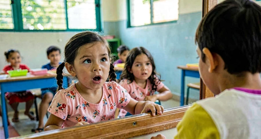 criança da creche fazendo expressão facial em frente ao espelho