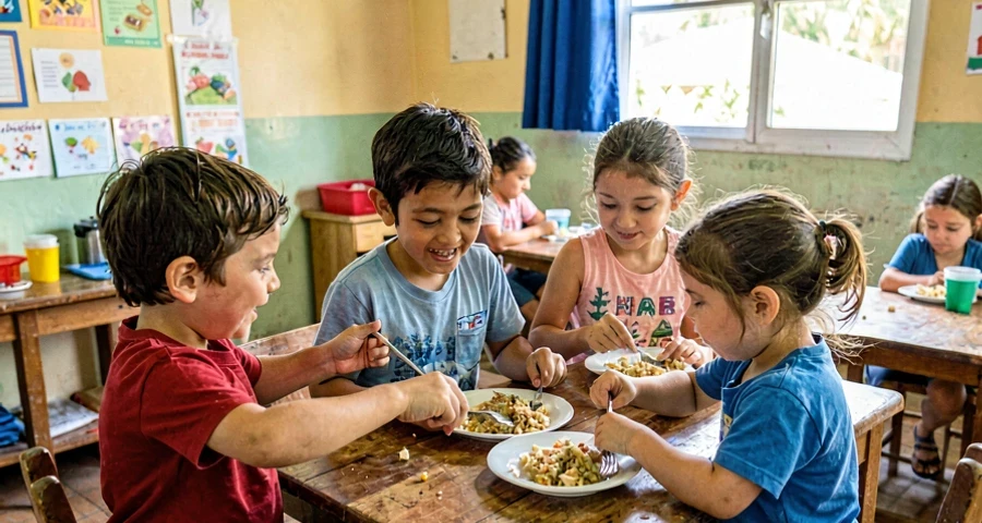 criança da creche distribuindo pratos durante atividade de cooperação