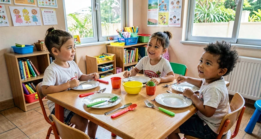 mesa organizada com pratos e talheres infantis na creche