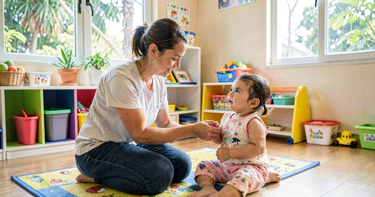 plano de aula ajudando a se vestir: educadora auxiliando bebê a colocar a roupa na creche