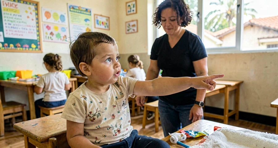 bebê esticando o braço para colaborar durante troca de roupa na creche