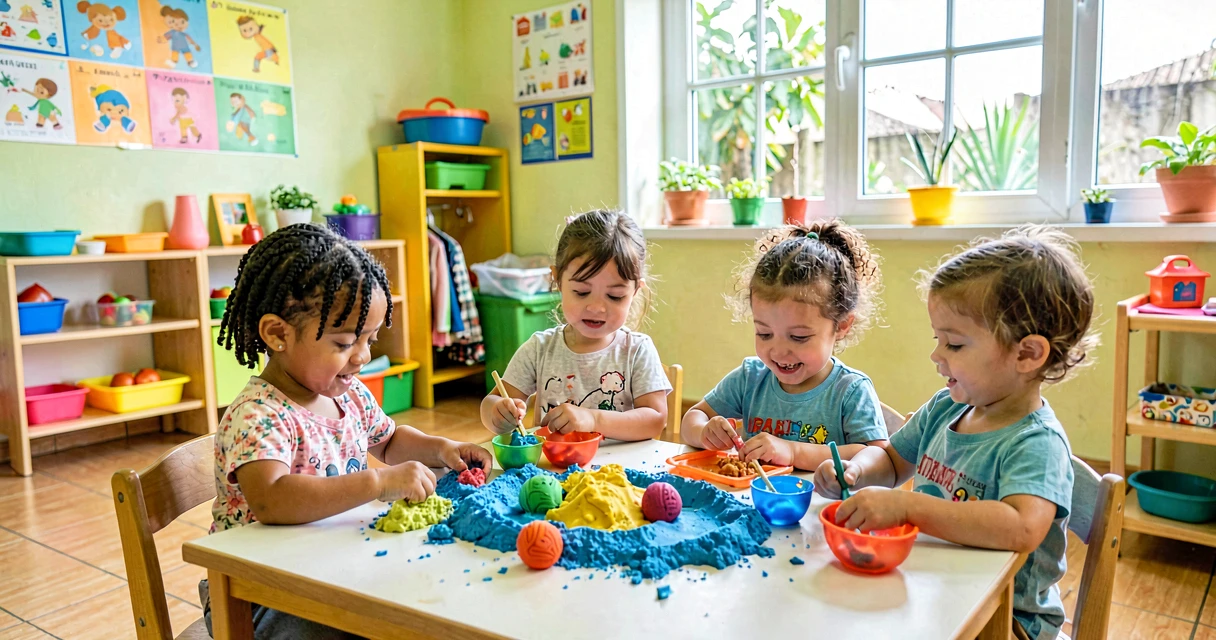 plano de aula areia que não suja: crianças da creche moldando areia cinética