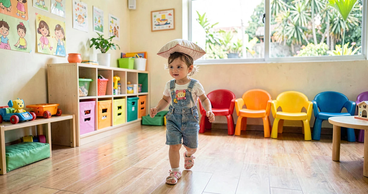 plano de aula almofada na cabeça: criança da creche equilibrando almofada durante atividade