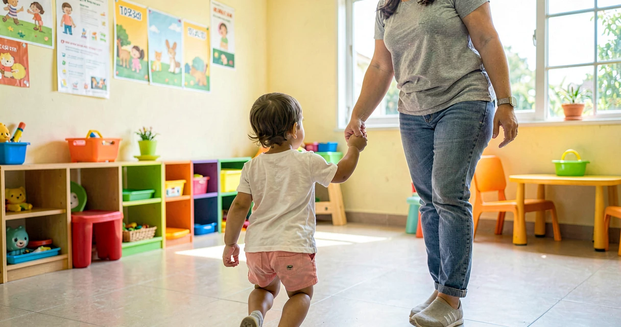 plano de aula andando de costas: criança da creche caminhando de costas com apoio