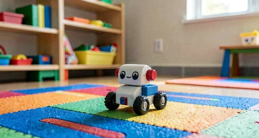 brinquedo de robô usado como referência em atividade motora na creche
