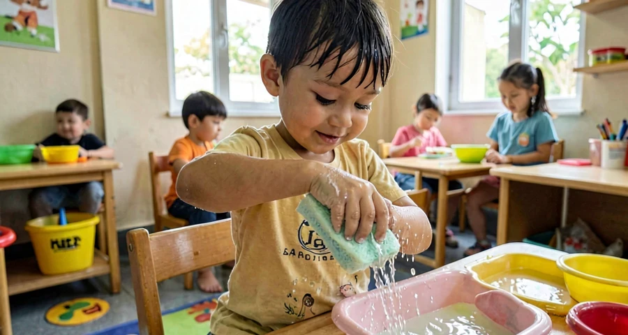 mãos de criança espremendo esponja molhada em atividade sensorial na creche
