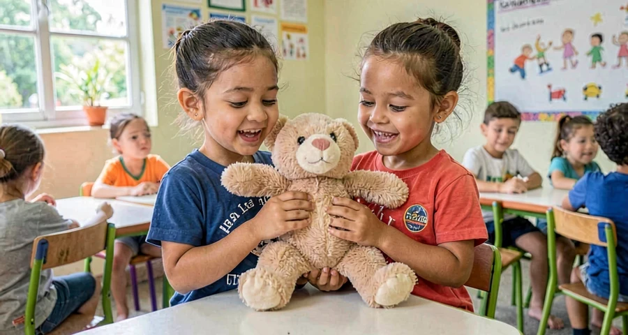 Compartilhamento de brinquedos: duas crianças bem pequenas segurando juntas um animal de pelúcia