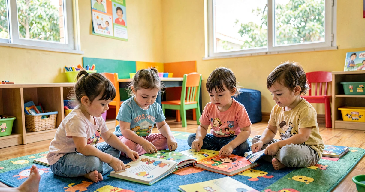 plano de aula cuidando dos livros: crianças da creche folheando livros com cuidado
