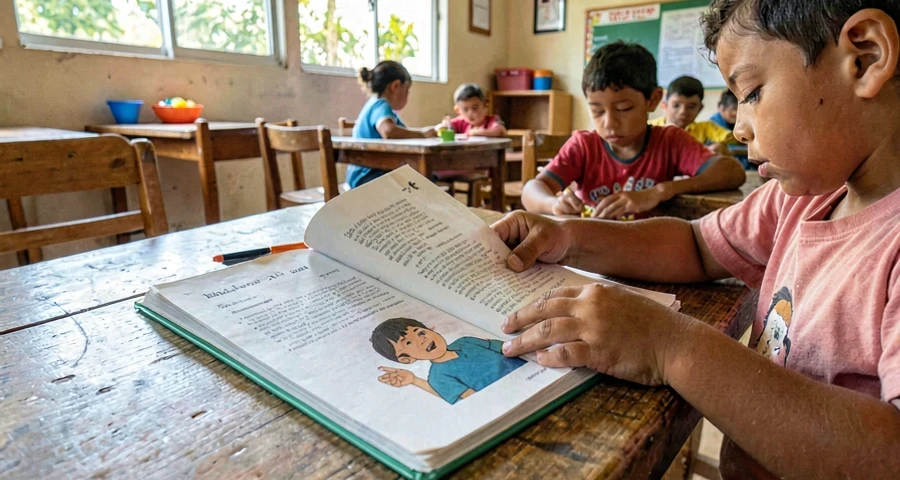 mãos de criança folheando livro resistente com cuidado na creche