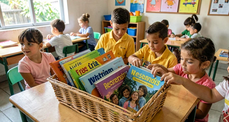 livros resistentes organizados em cesto para atividade de manuseio na creche