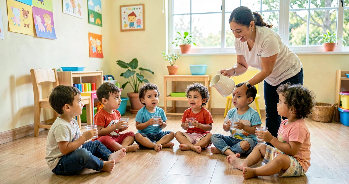 plano de aula importância de beber água: crianças da creche aprendendo a se hidratar