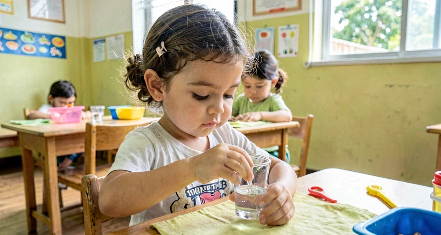criança da creche servindo água em copo pequeno durante atividade de autocuidado